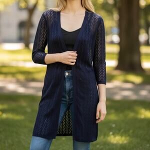 Anthropologie Guinevere Linen Blend Navy Blue Herringbone Knit Cardigan Sweater
